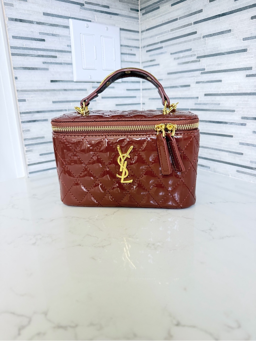 Fashion Quilted Patent Leather Top-Handle Vanity Bag with adjustable strap